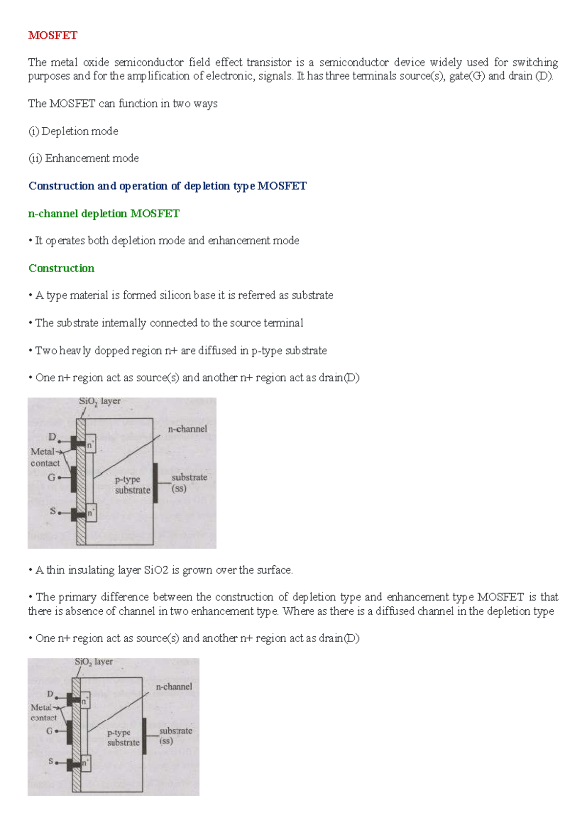 MOSFET Notes: Understanding Depletion and Enhancement Modes - Studocu