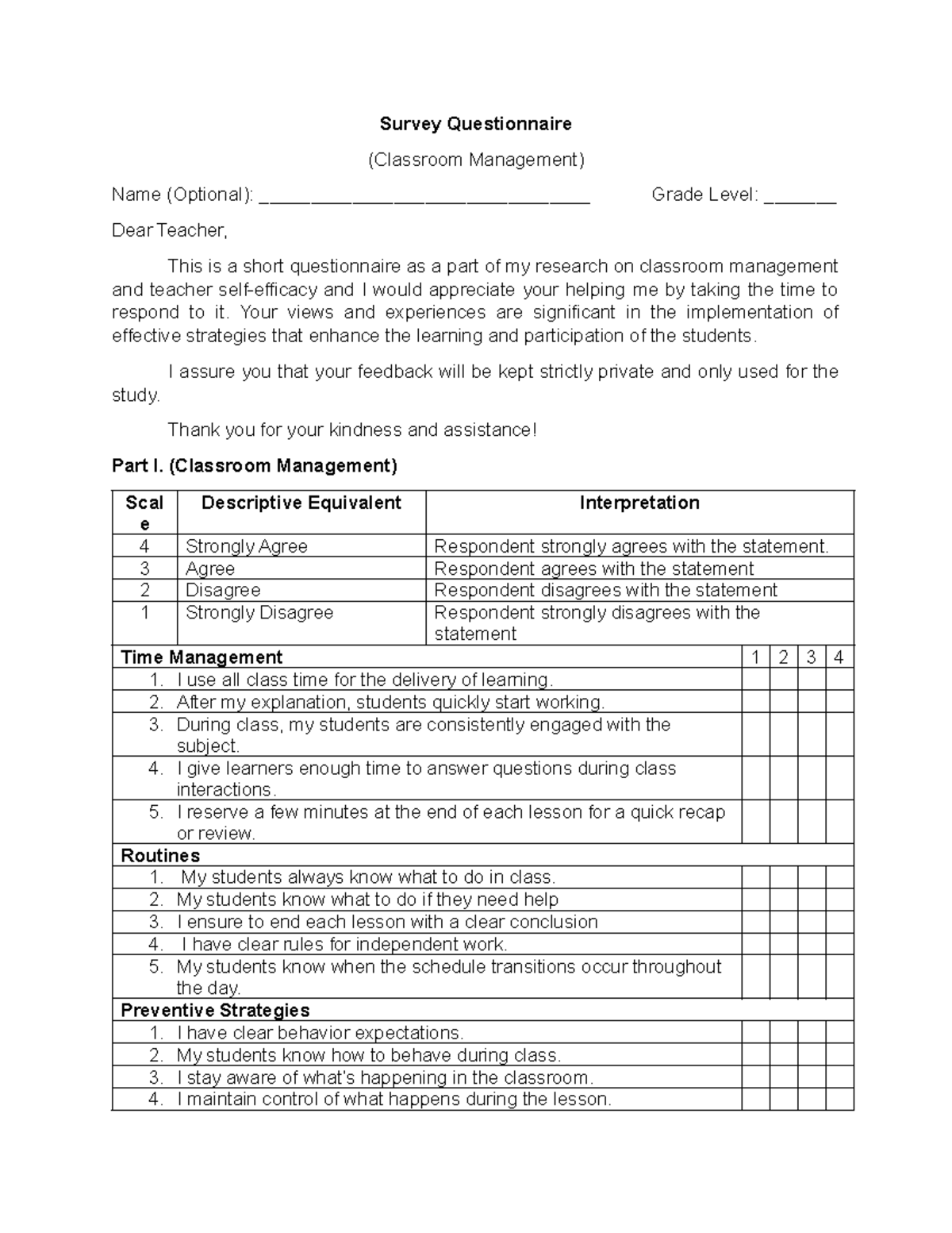 Classroom Management & Teacher Efficacy Survey Questionnaire - Studocu