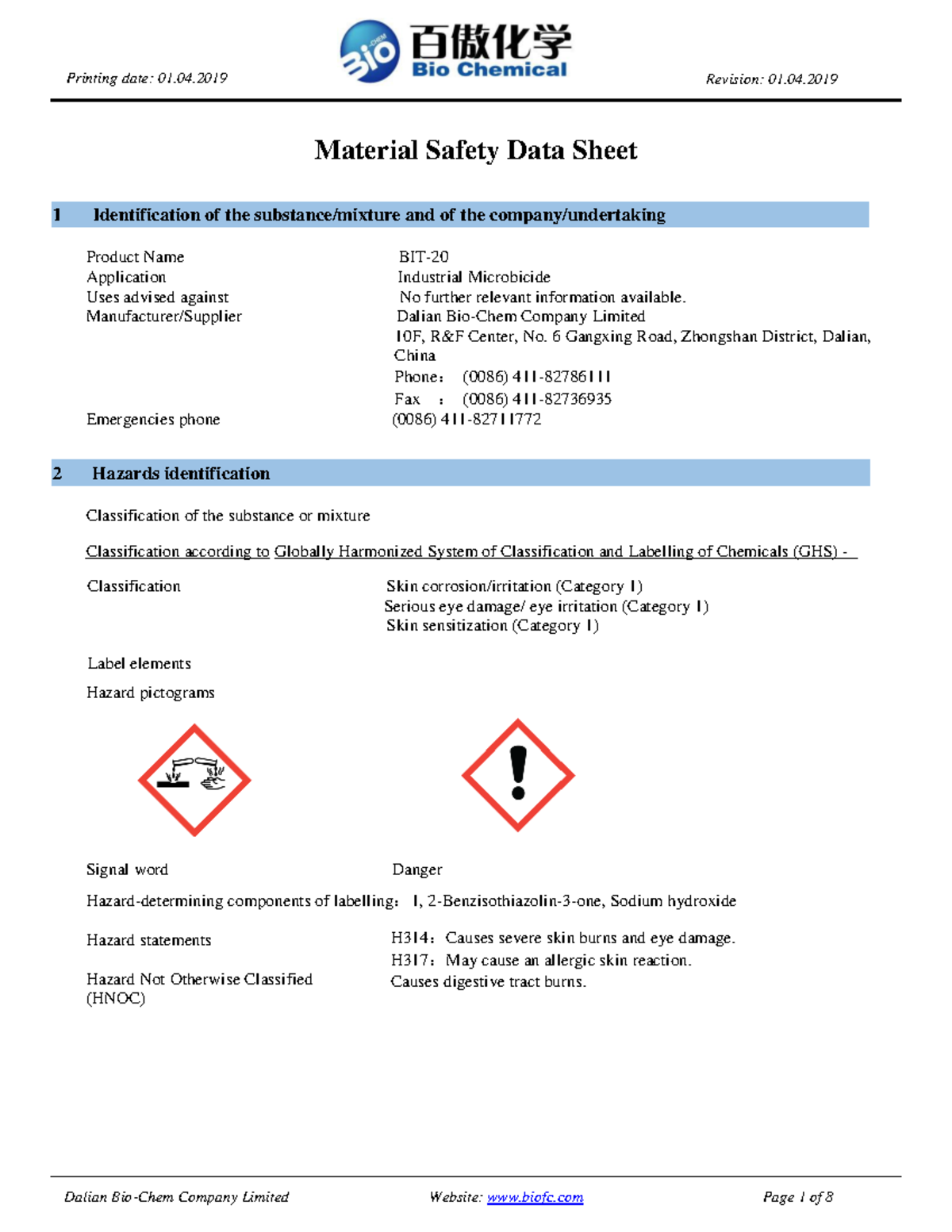 BIT-20 Material Safety Data Sheet (MSDS) for Industrial Microbicide ...