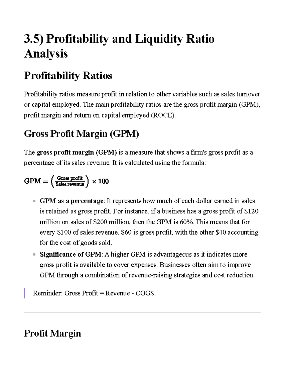 3.5) Analysis of Profitability & Liquidity Ratios in Finance - Studocu