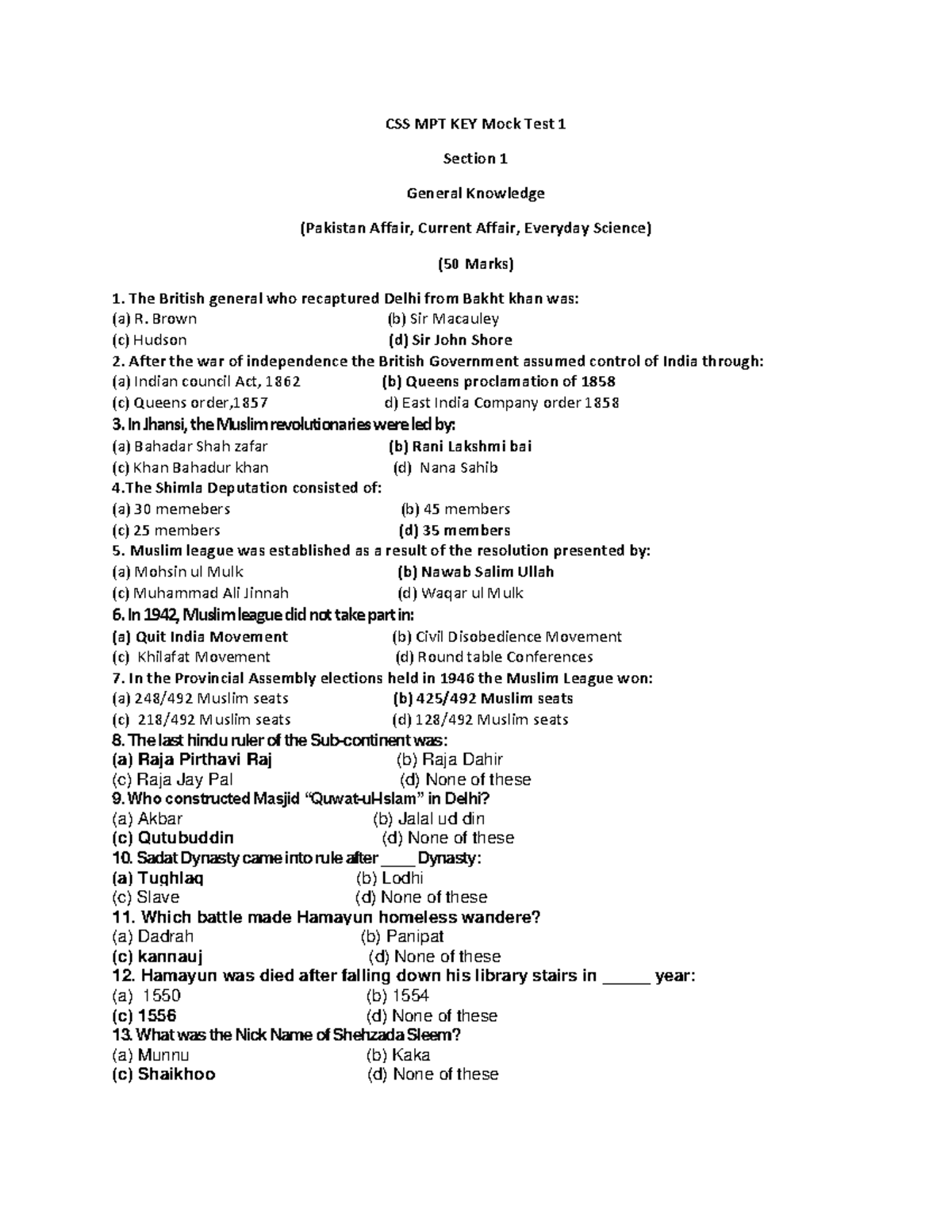Key MPT Mock Test 1 - General Knowledge & Islamic Studies (CSS) - Studocu