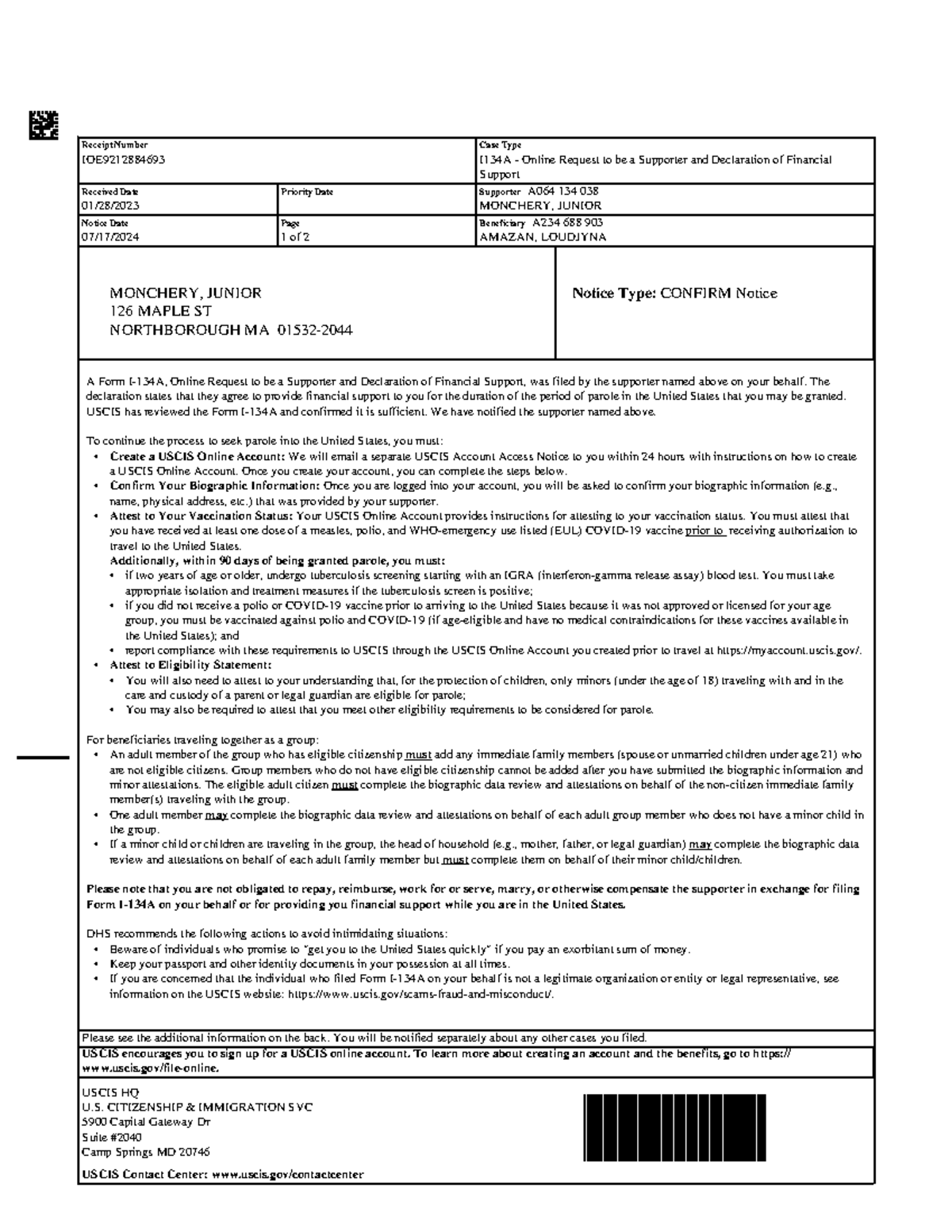 Confirmation Notice - tareas - Receipt Number IOE Case Type I134A ...