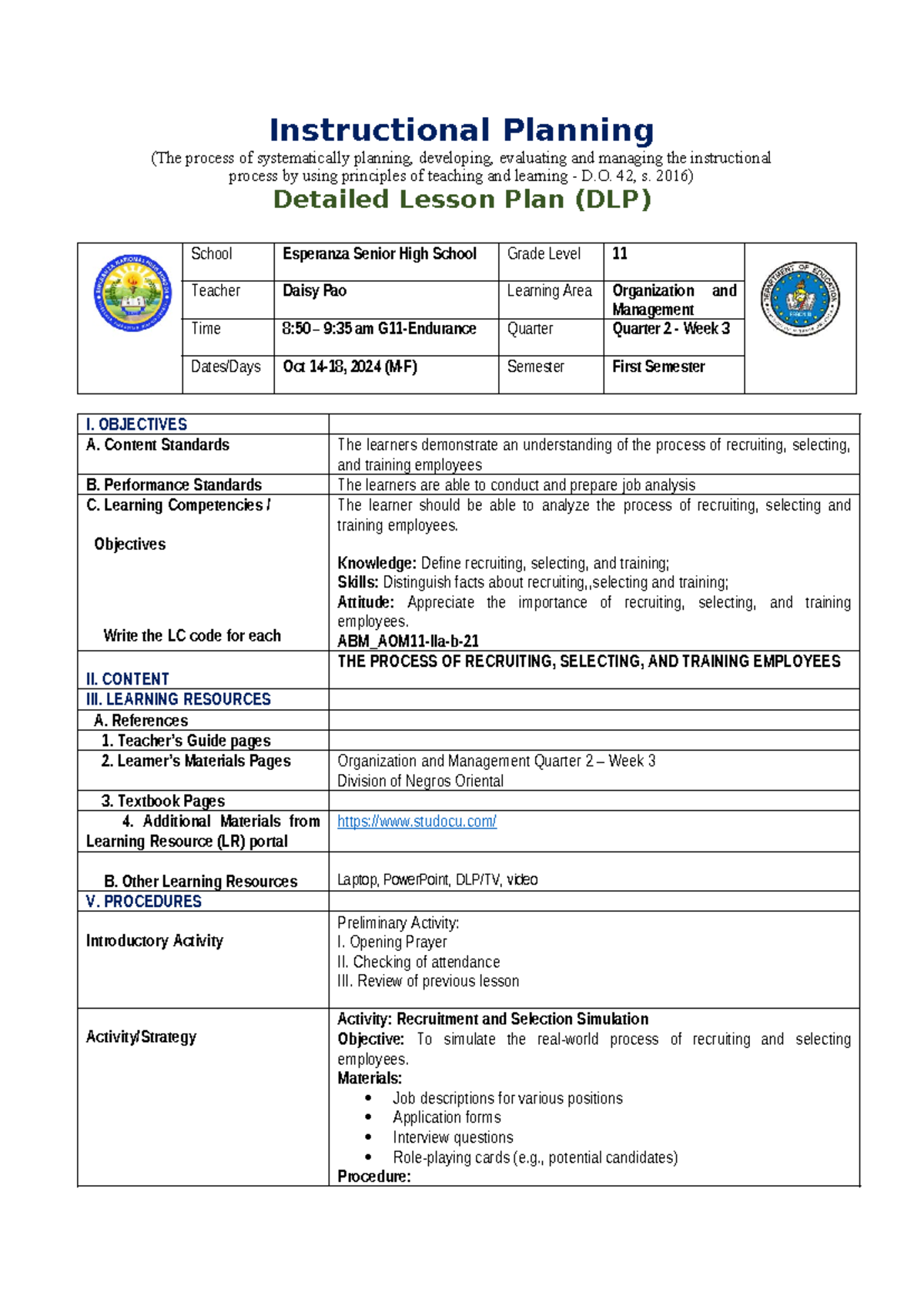 DLP-Org Mngt 11 Q2 W3: Recruitment & Selection Process Lesson Plan ...