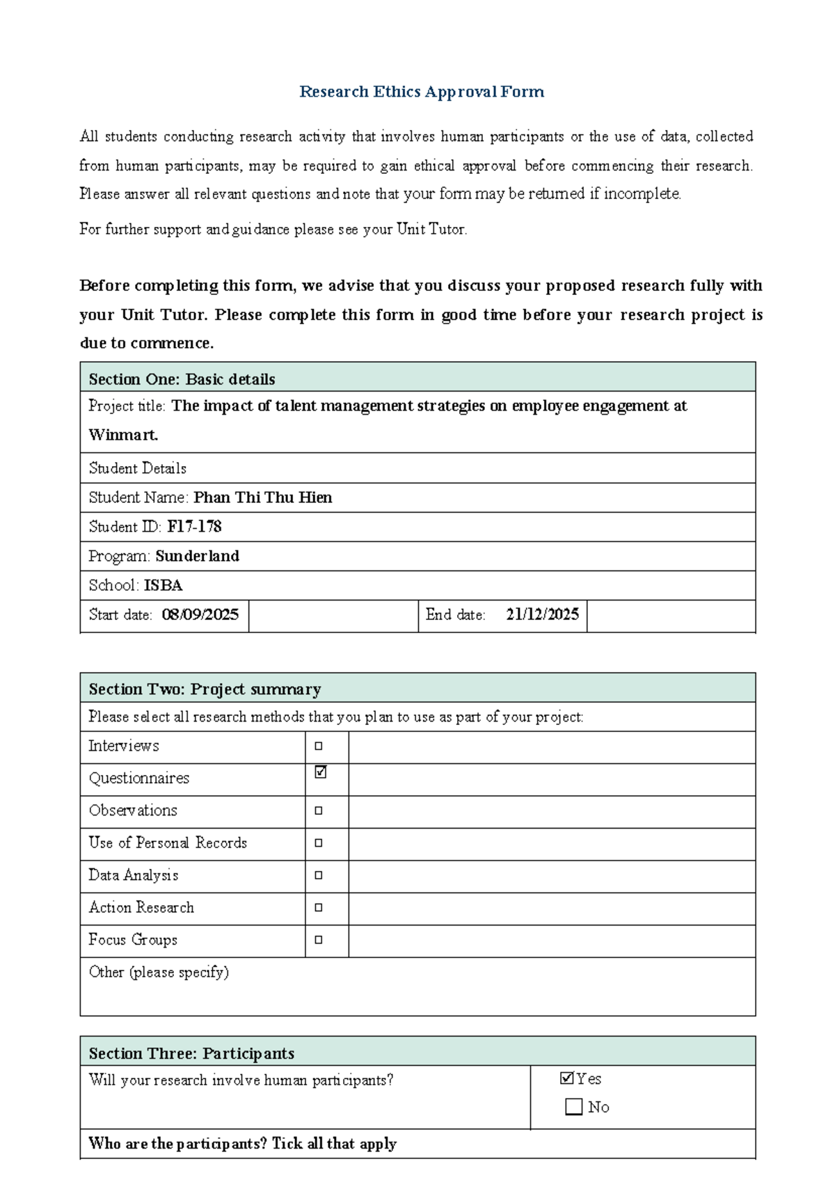 Research Ethics Approval Form for Talent Management Study (ISBA) - Studocu