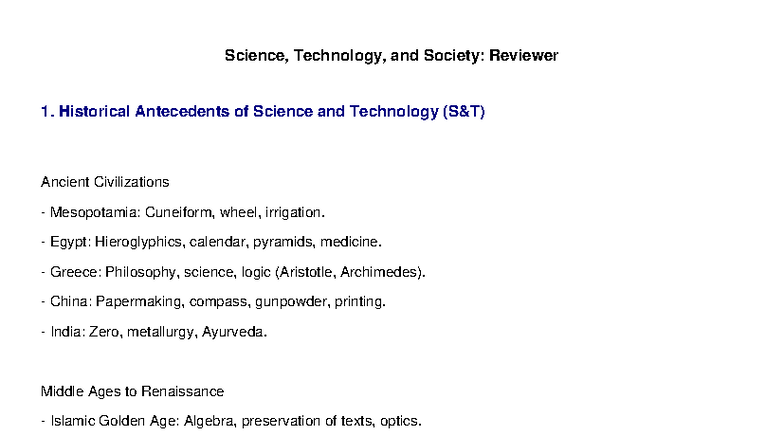 STS Reviewer: Historical Antecedents of Science & Technology - Studocu
