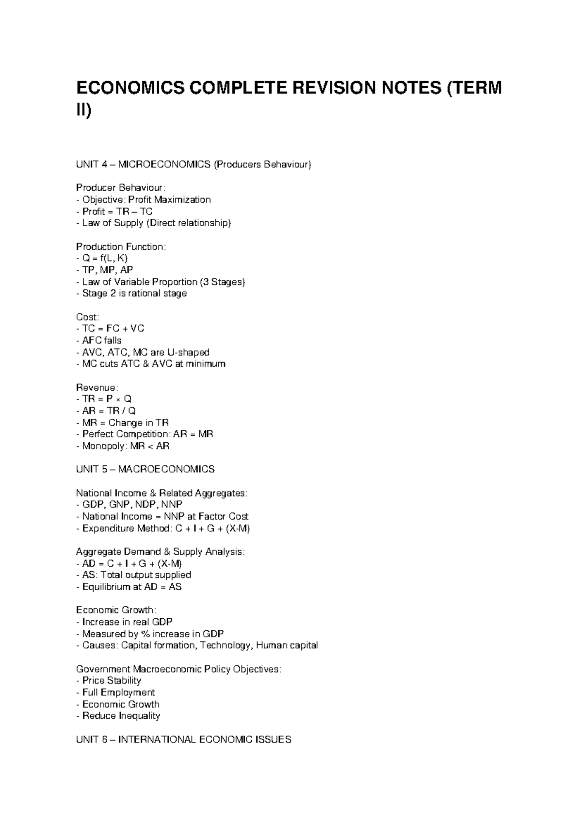 ECON 101: Complete Revision Notes for Term II - Micro & Macro Units ...
