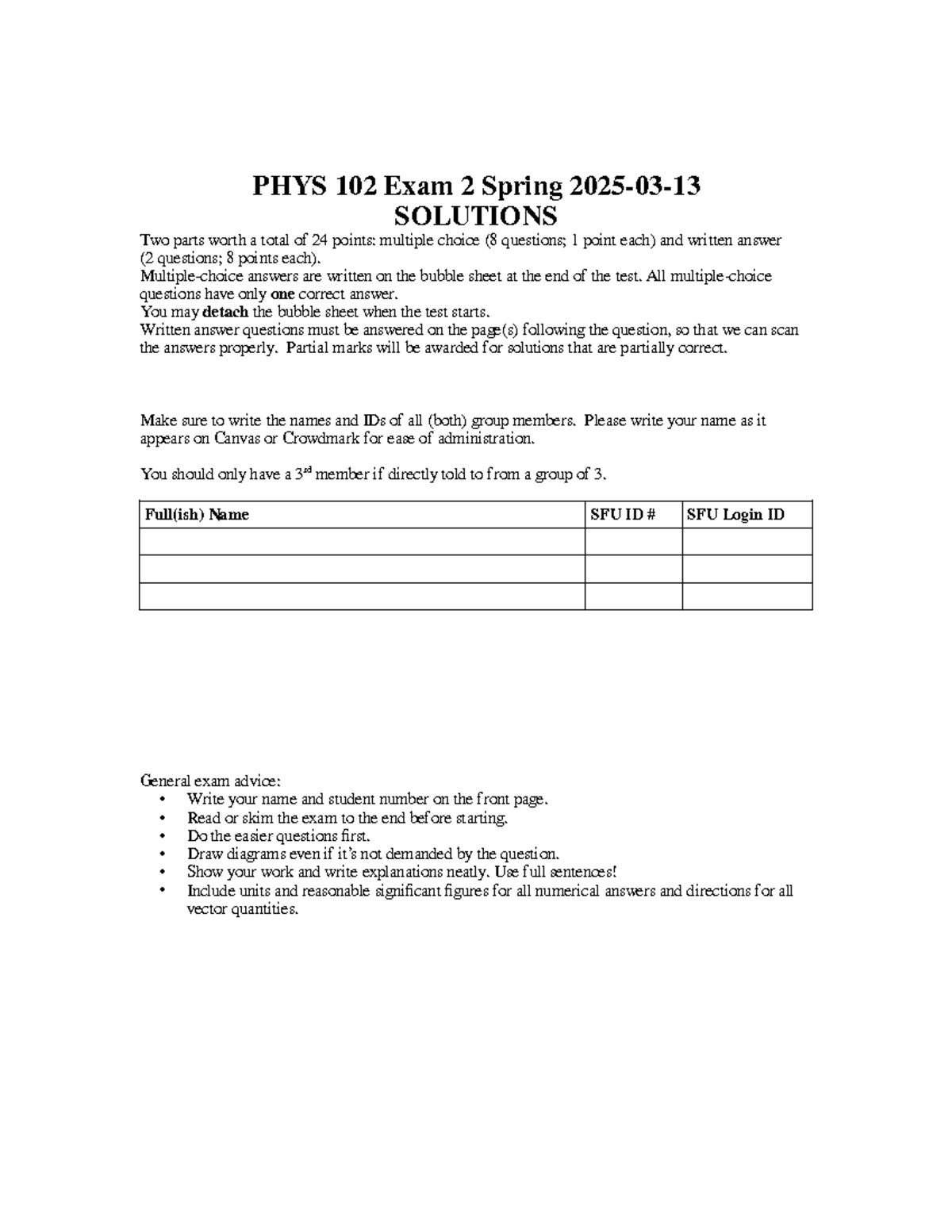PHYS 102 Exam 2 Spring solutions and detailed answer guide - Studocu