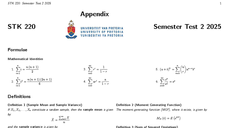 STK 220: Semester Test 2 2025 - Appendix & Formulae Guide - Studocu