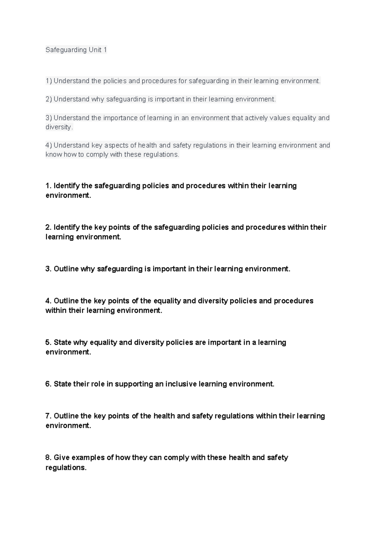 Safeguarding Unit 1: Policies, Procedures, and Importance in Learning ...