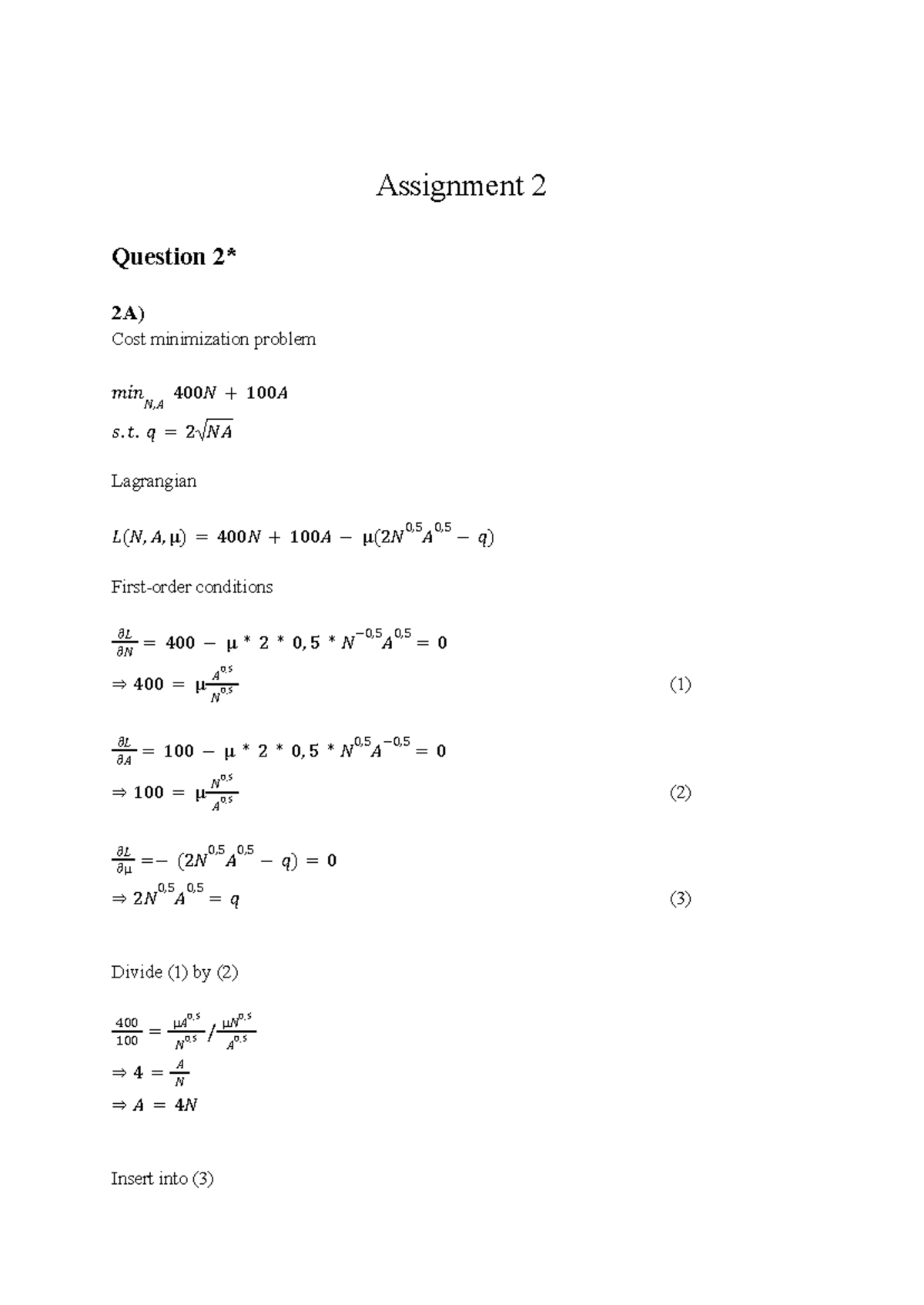 Assignment 2: Cost Minimization Problem Analysis - Studocu