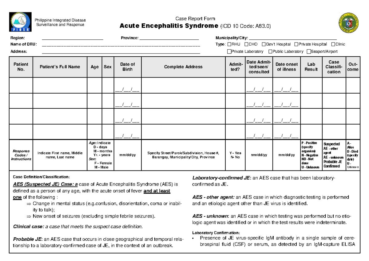 AEFI Case Investigation Form (Non-COVID) for Surveillance and Response ...