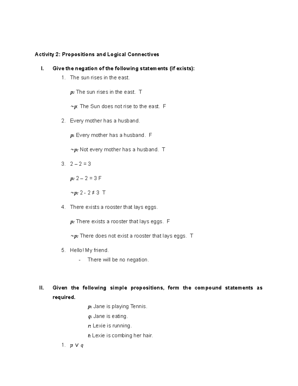 Logic Activity: Propositions and Connectives in Math 101 - Studocu
