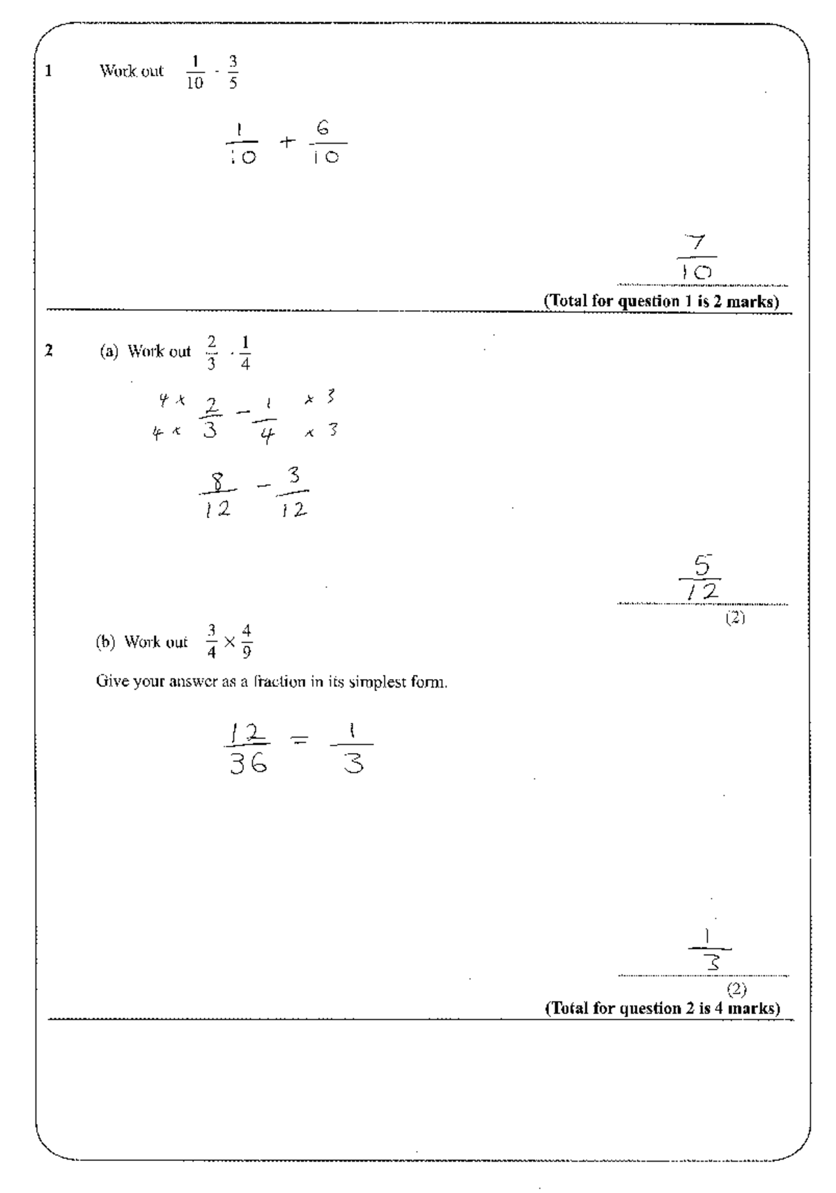 G6 fractions revision worksheet - 1 Work out I 60 10 6 7 10 (Total for ...