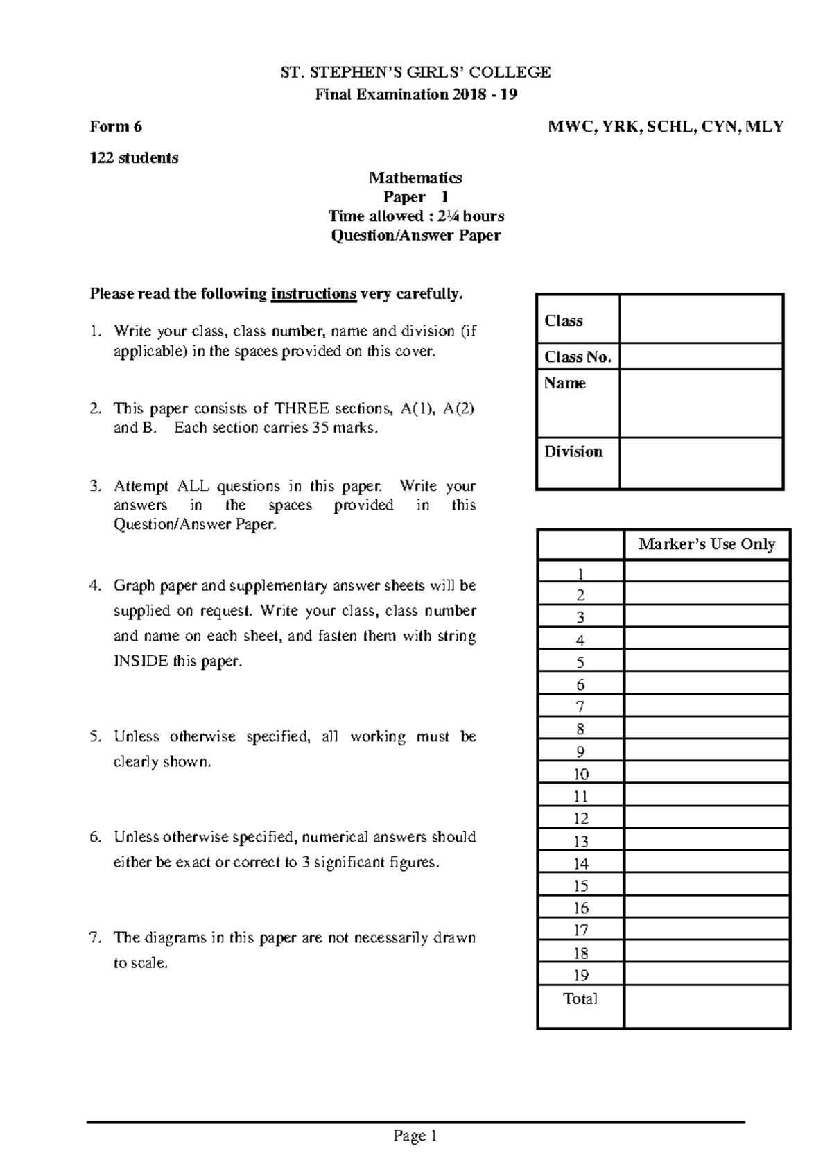 SSGC F6 Math P1 Final Exam Paper 2018-19: Instructions & Questions ...