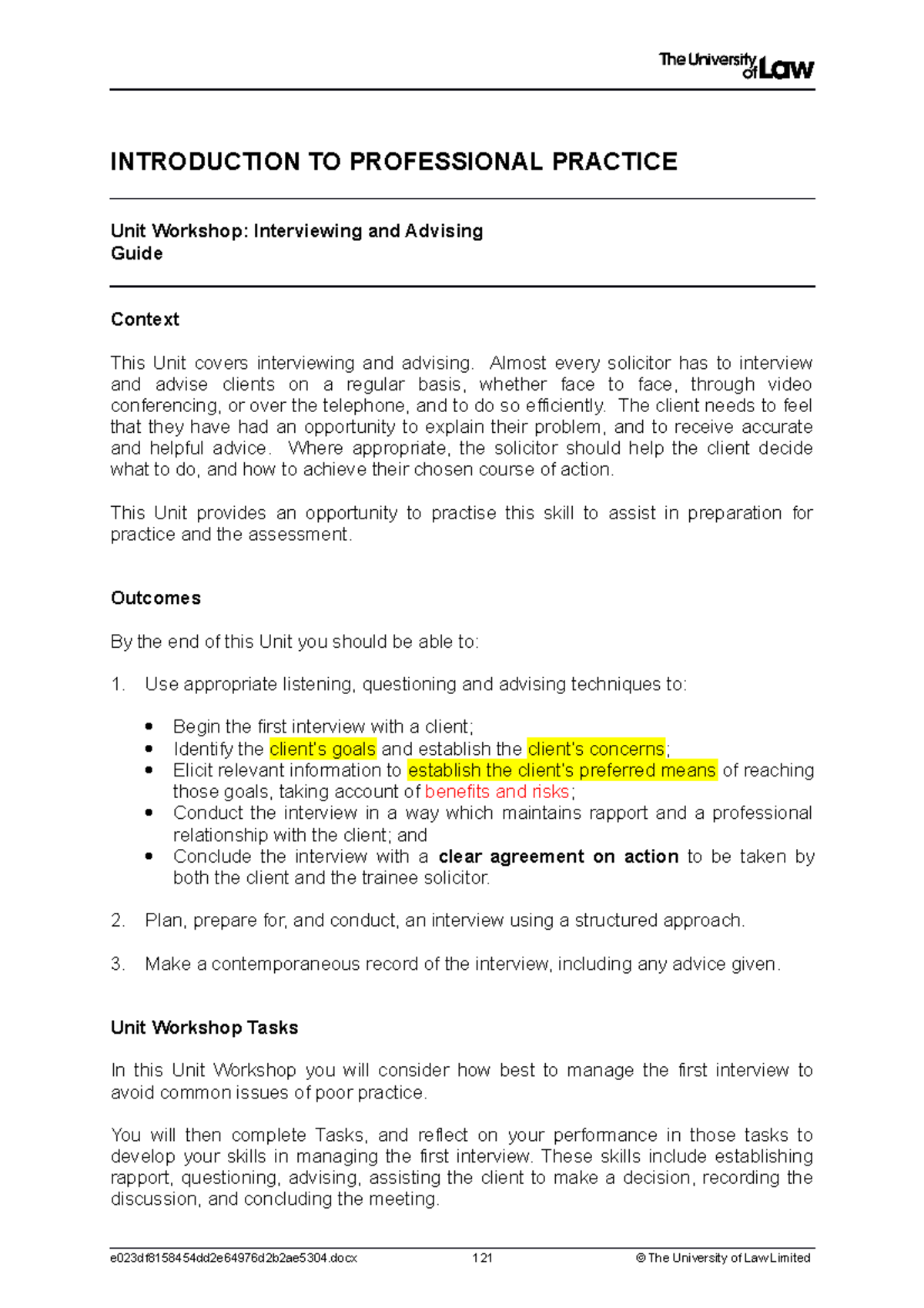 Interviewing Workshop - INTRODUCTION TO PROFESSIONAL PRACTICE Unit ...