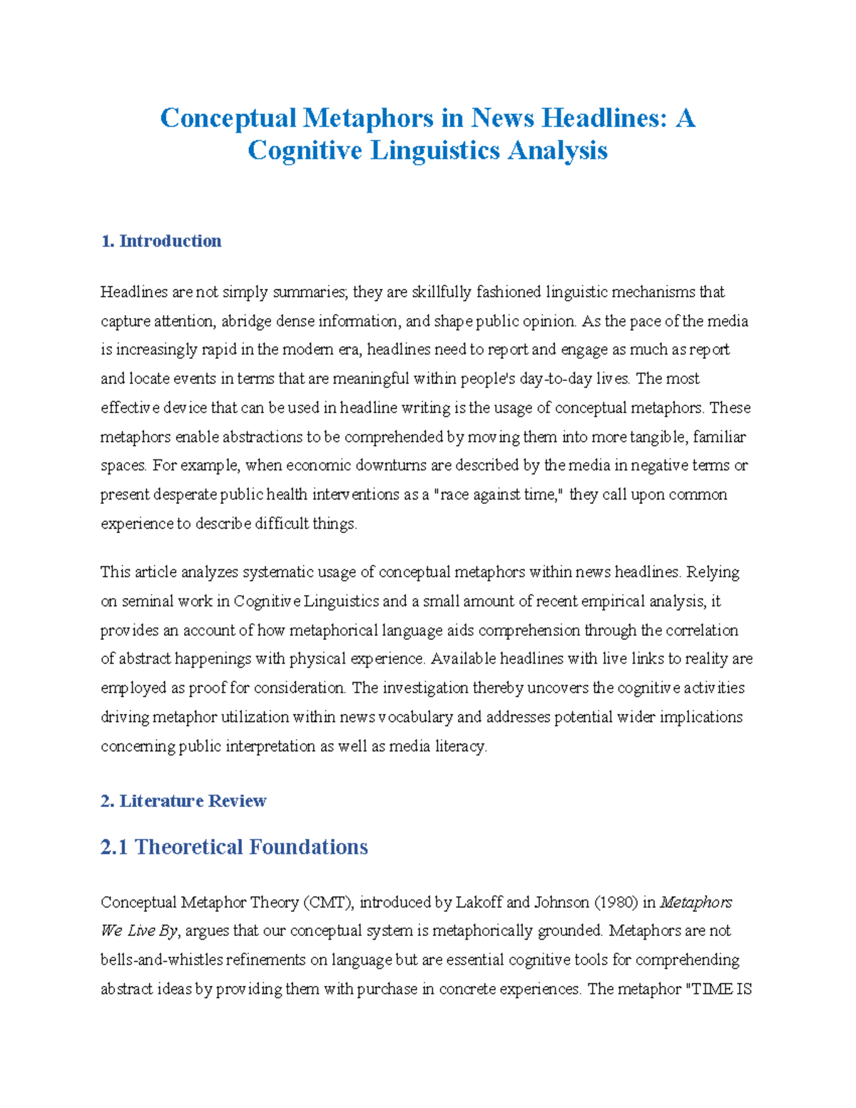 Cognitive Linguistics: Analyzing Conceptual Metaphors in News Headlines ...