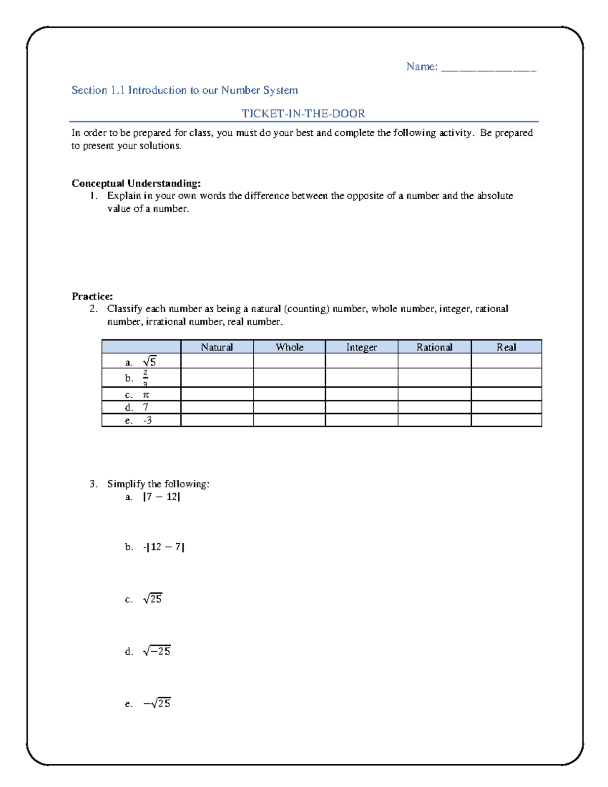 Math 115A Section 1.1 Introduction to our Number System - Name ...