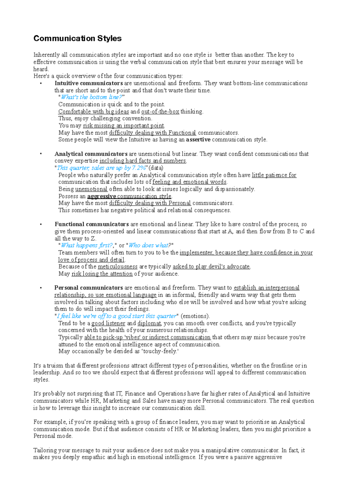 Comm Styles Handout: Effective Communication for Business (BUS 101 ...