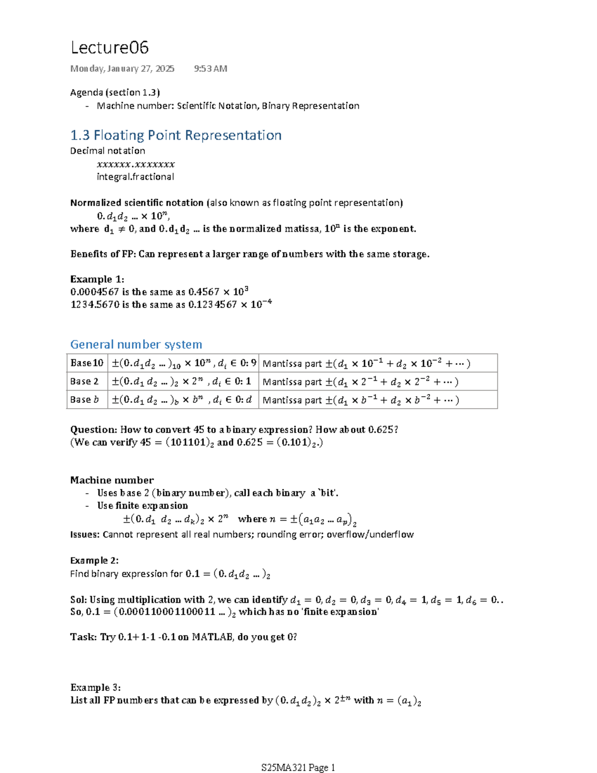 S25MA321 Lecture Notes: Floating Point Representation Overview - Studocu
