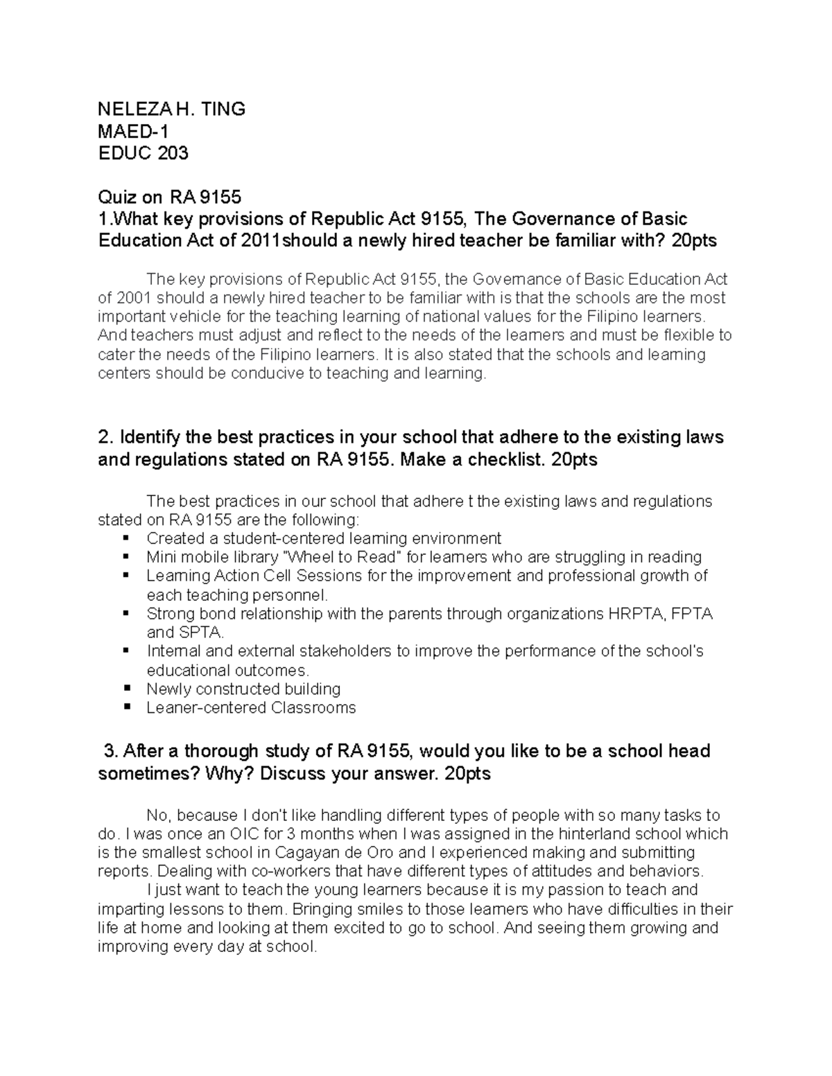 Quiz on RA 9155: Governance of Basic Education Act Insights - Studocu