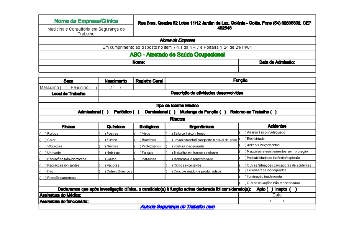Modelo de ASO - Atestado de Saúde Ocupacional - Segurança do Trabalho ...