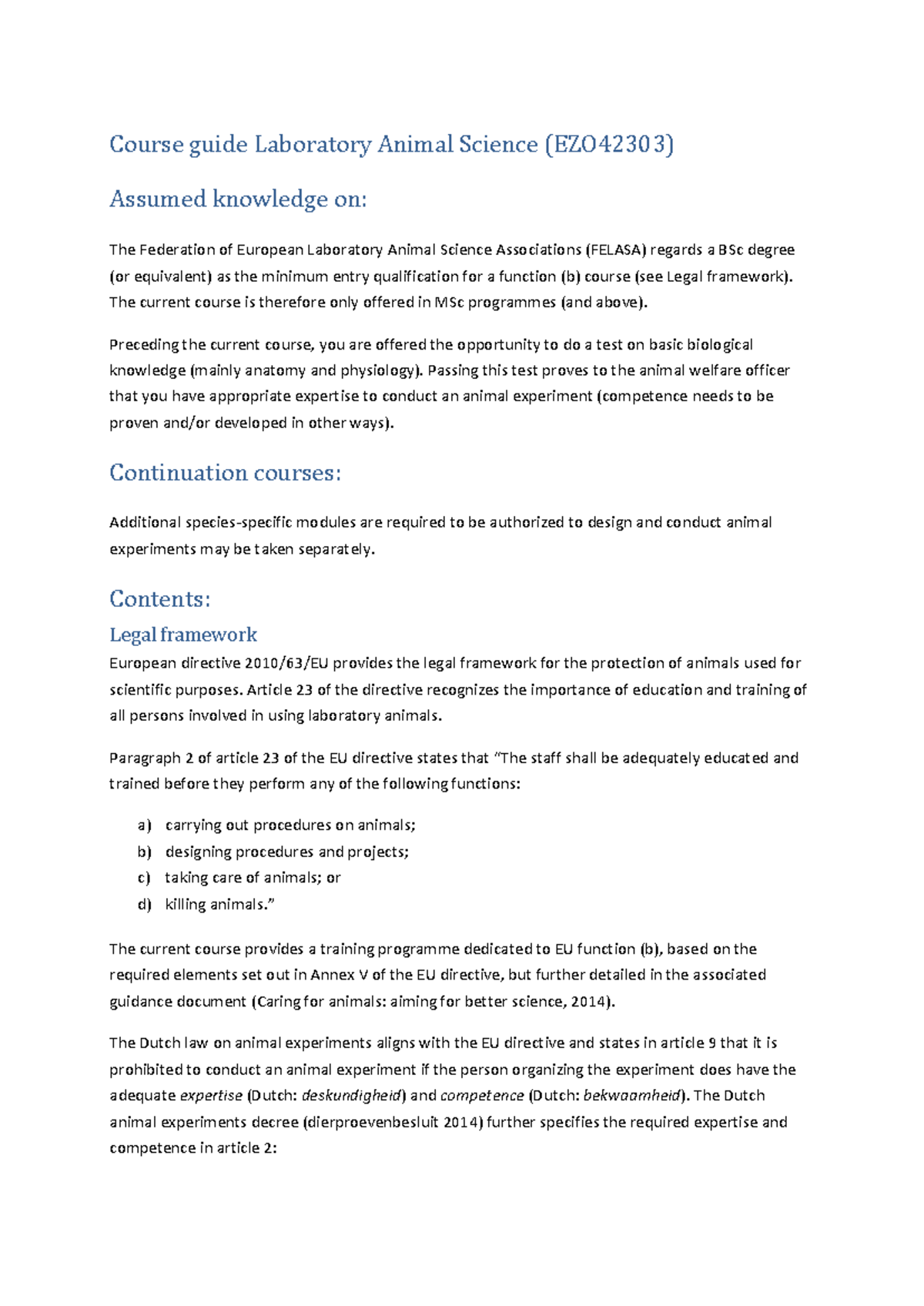 EZO42303 Course Guide: Laboratory Animal Science Overview - Studeersnel