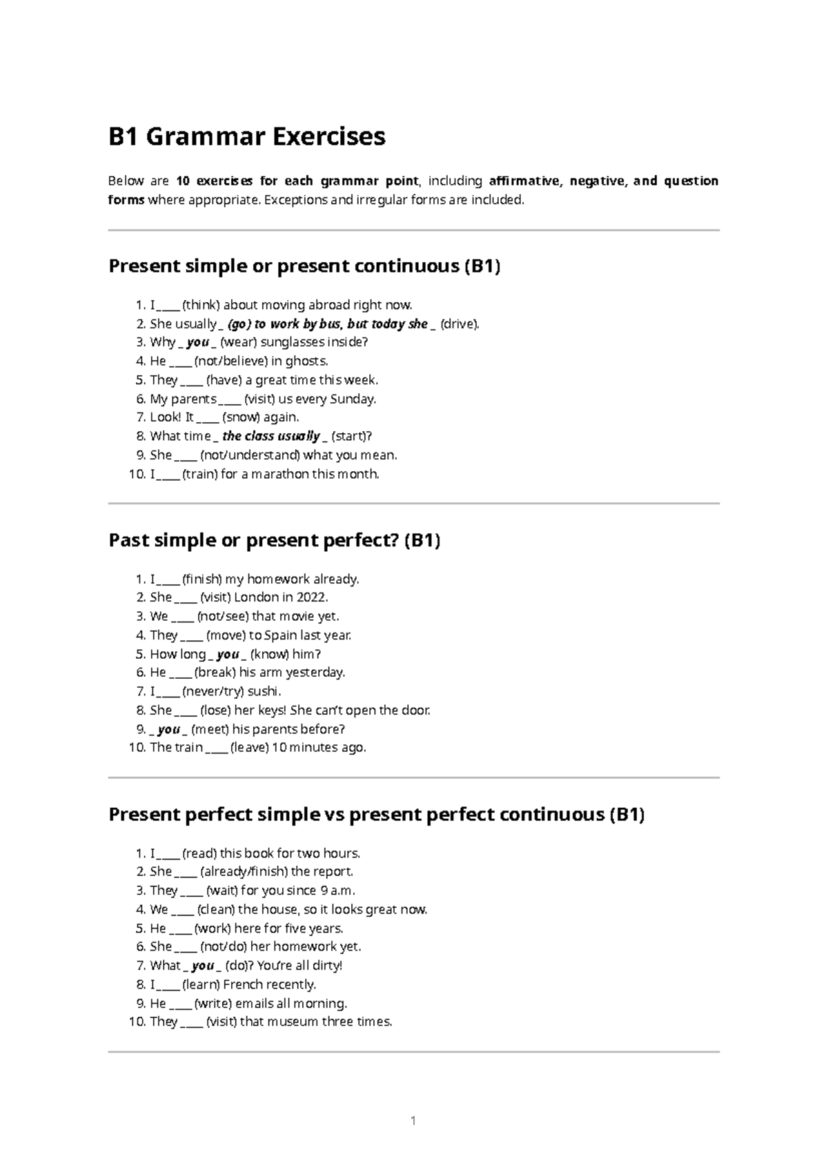 B1 Grammar Exercises: Comprehensive Practice Guide - Studocu