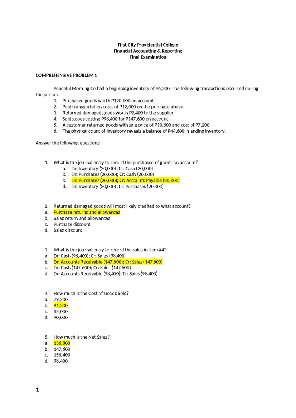 FAR 101 Financial Accounting Reporting Final Exam Comprehensive ...