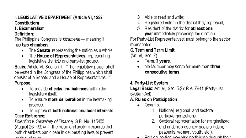 Legislative Department Overview: Article VI of the 1987 Constitution ...