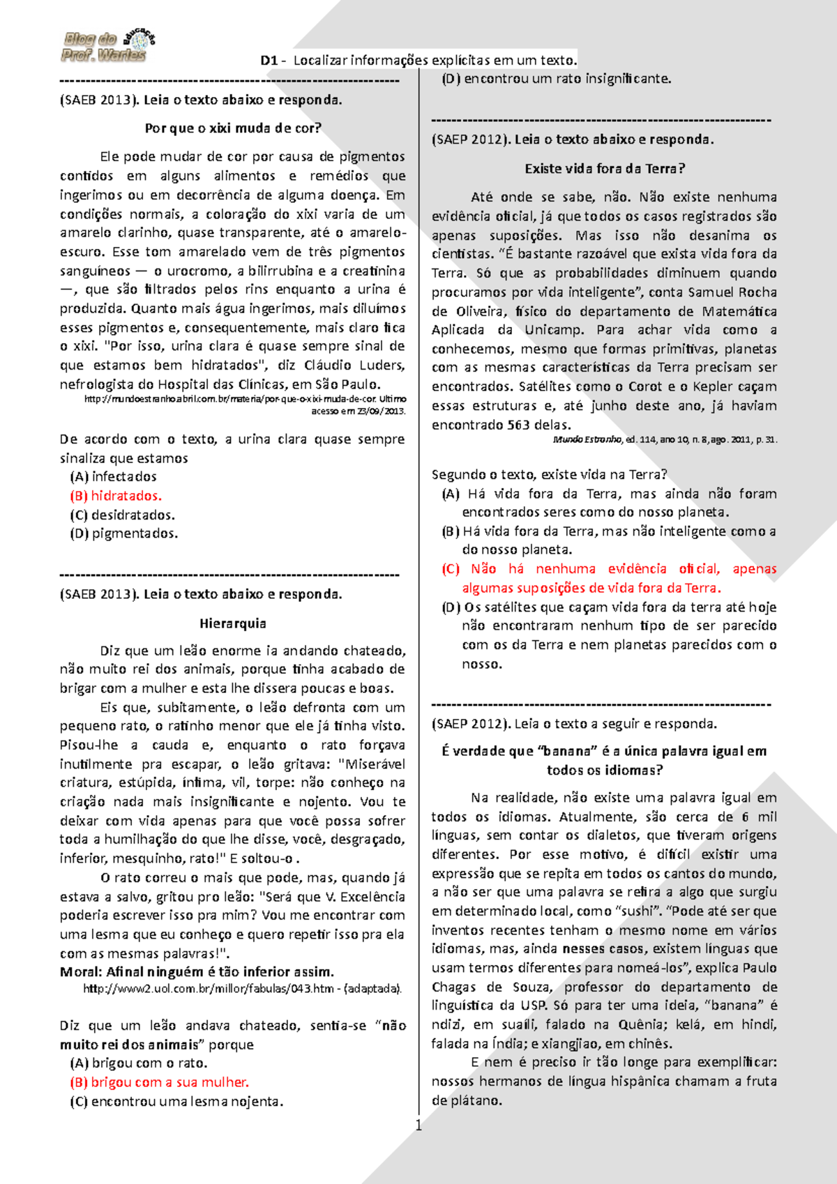 D1 (9º Ano - L.P - Blog do Prof. Warles) - Atividades e Reflexões sobre ...