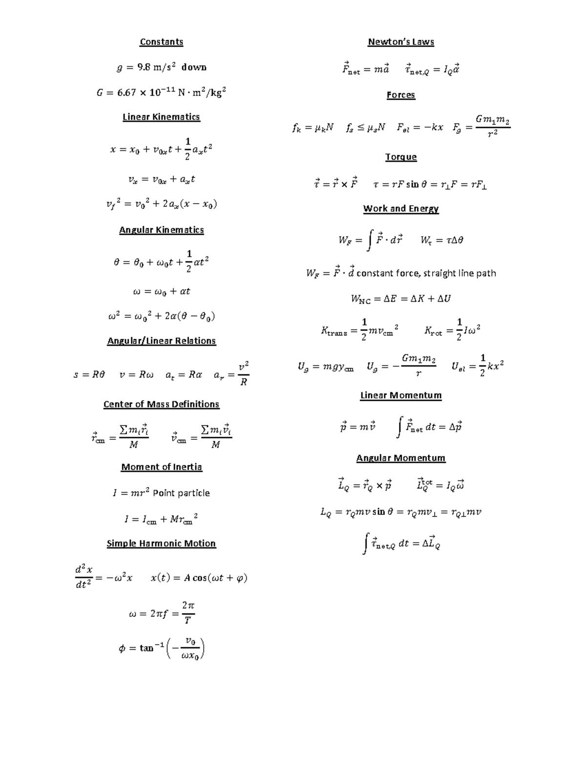 Final Exam Physics Equation Sheet - Constants & Kinematics - Studocu