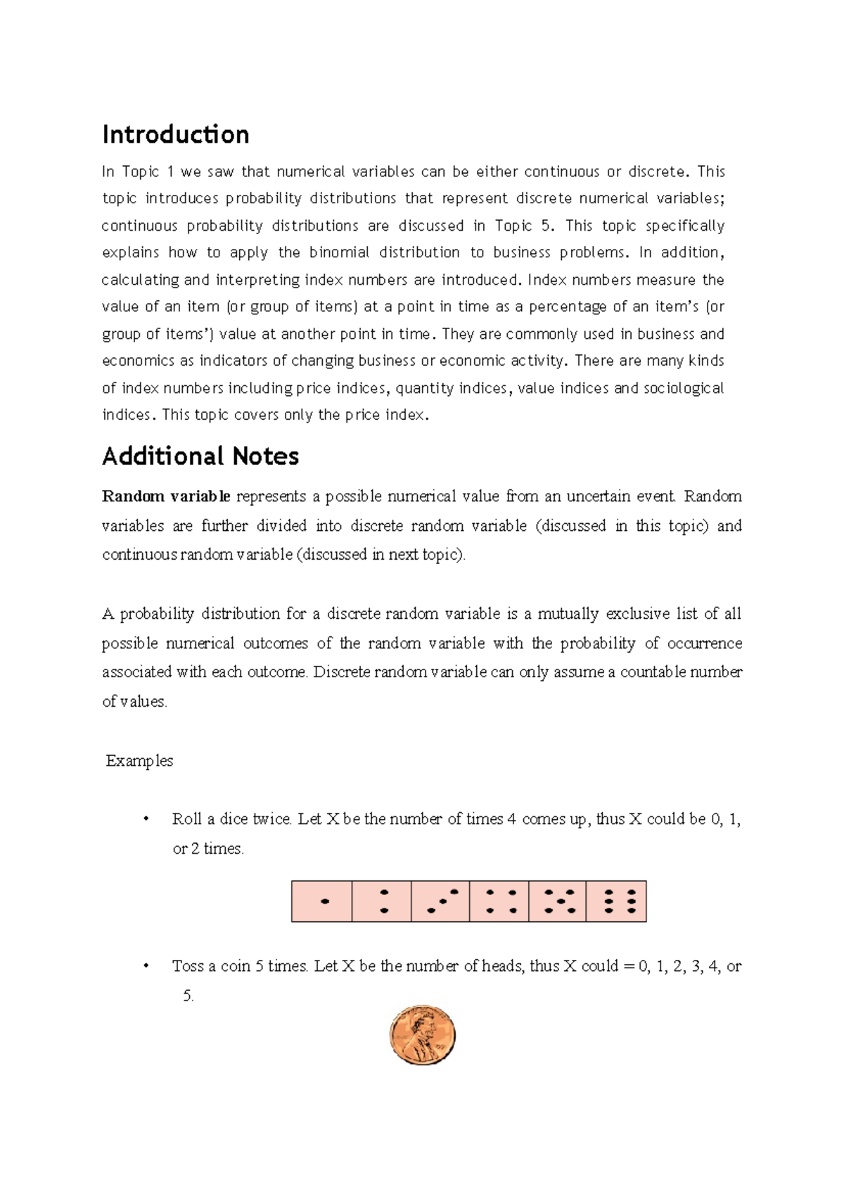 Lecture Notes: Discrete Probability Distributions & Index Numbers ...