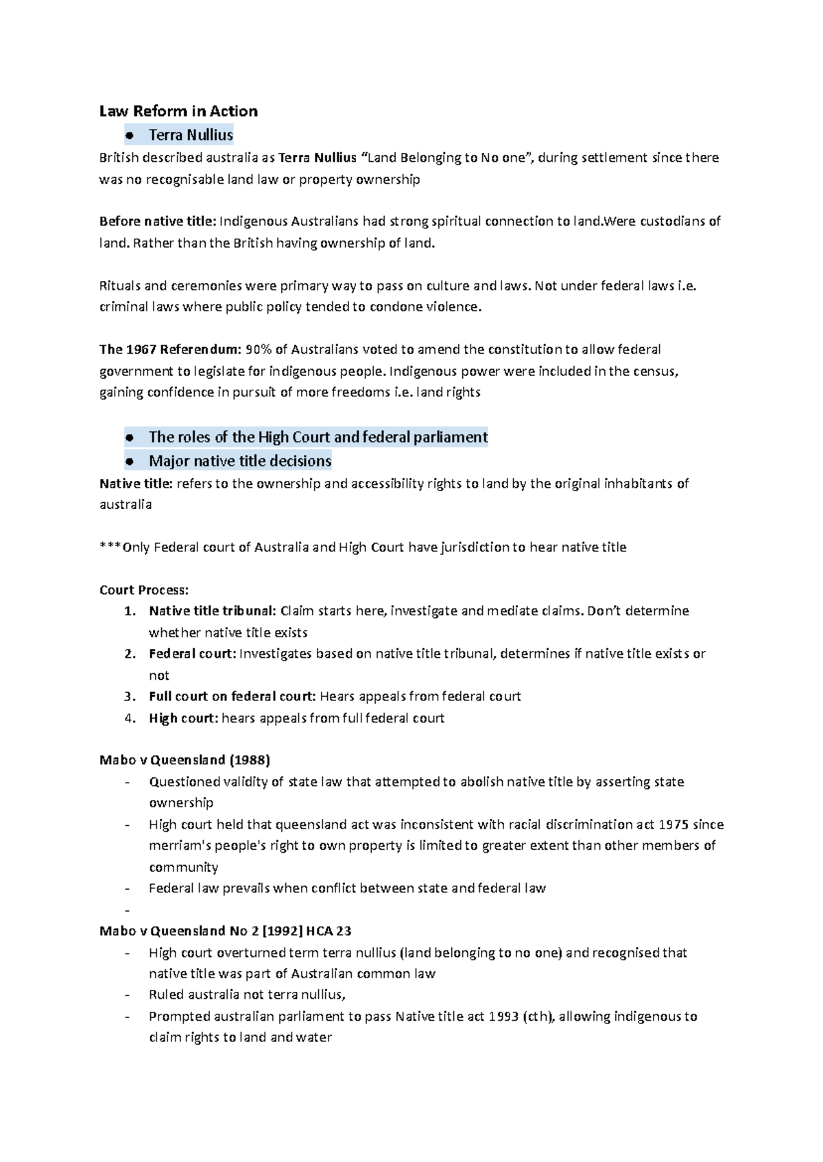 Legal Studies Prelim Notes: Law Reform & Native Title in Australia ...