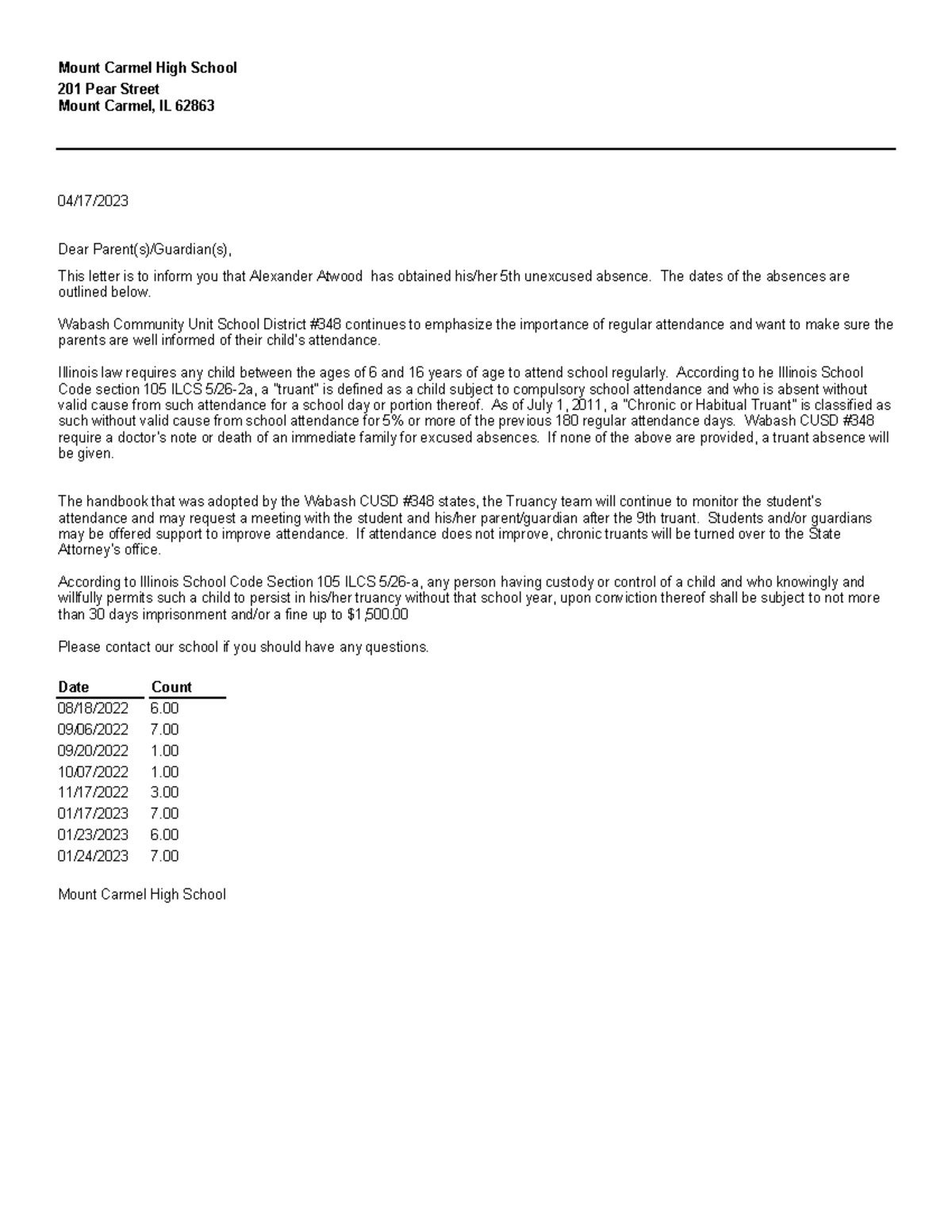 MCHS Attendance Notification - 5th Unexcused Absence Letter - Studocu