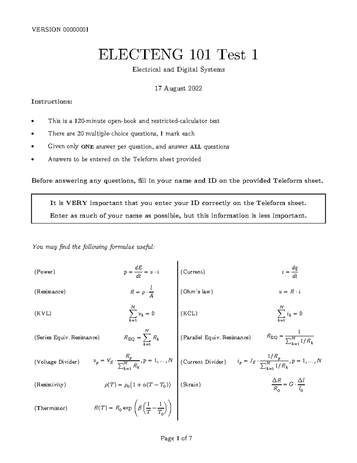 ELECTENG 101 Test 1 Solutions - Electrical & Digital Systems 2022 - Studocu