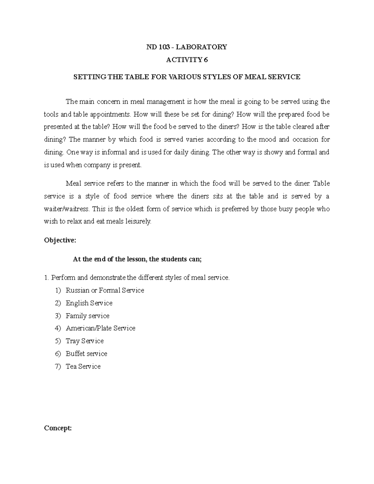 ND 103 - LAB 6: Various Styles of Meal Service Explained - Studocu