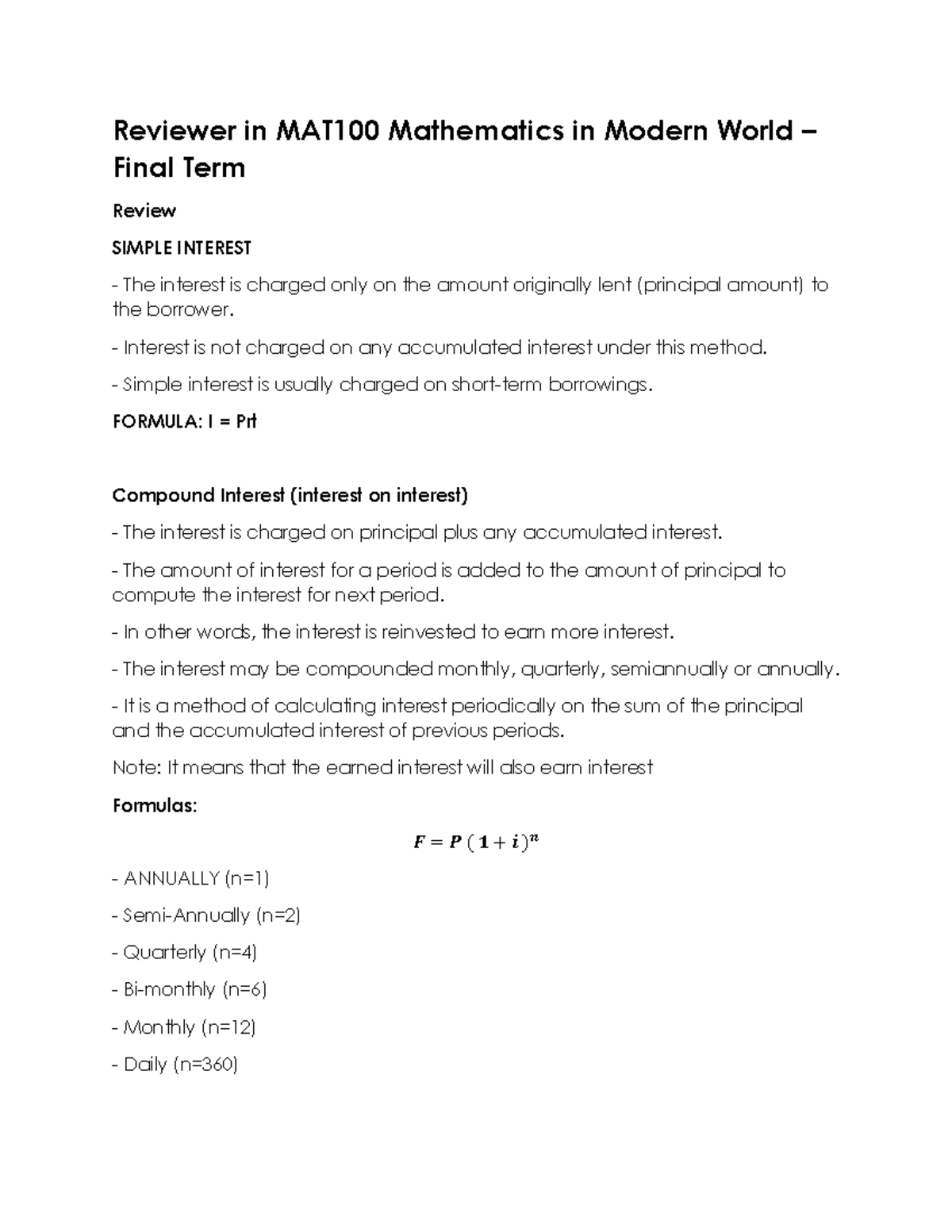 MAT100 Mathematics in Modern World - Final Term Reviewer Notes - Studocu