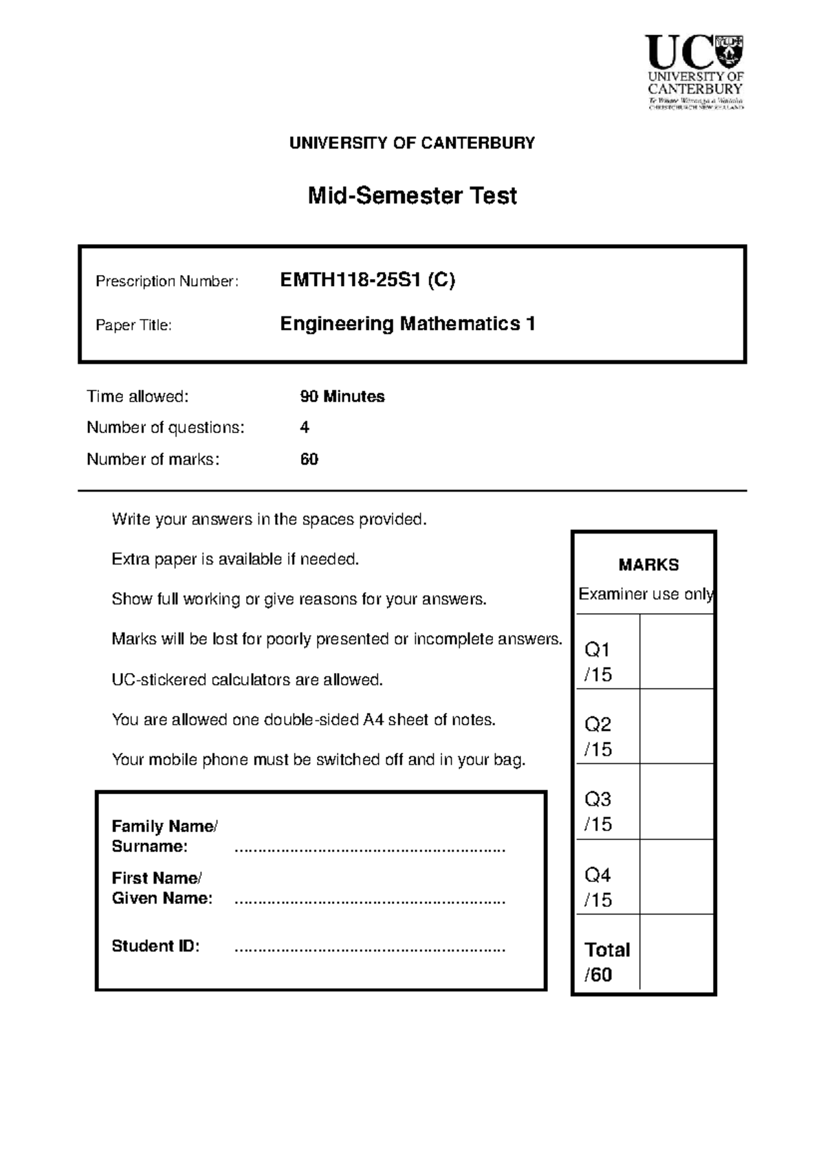 EMTH118 25S1 Engineering Mathematics 1 Test - 2025 Edition - Studocu