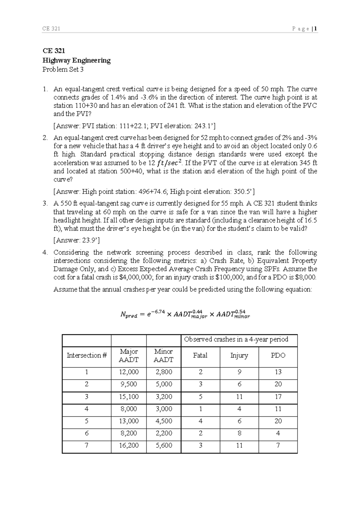 CE 321 - Highway Engineering Problem Set 3 Solutions and Analysis - Studocu