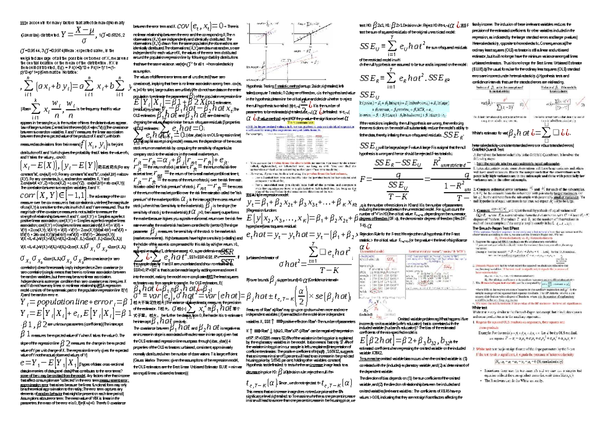 EF3450 Final Exam Cheatsheet on Regression Analysis and Hypothesis ...