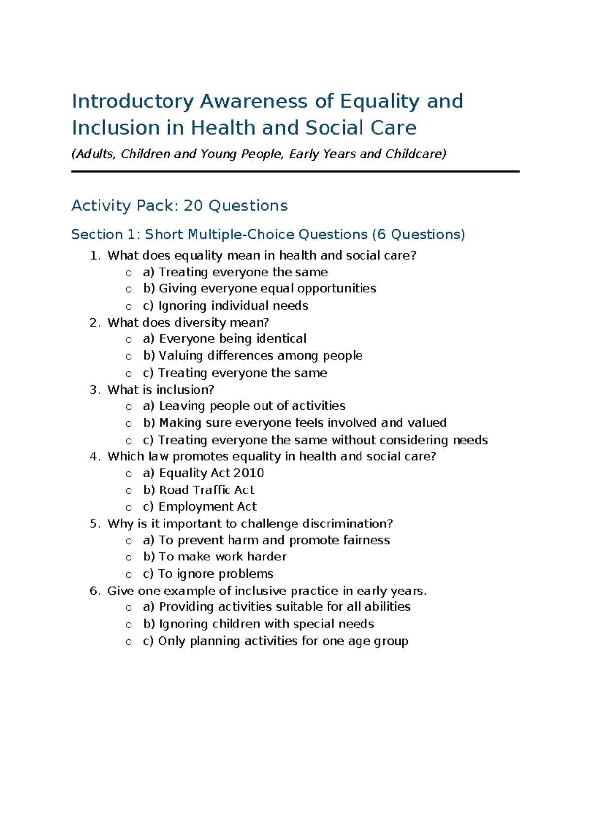 Worksheet for Equality & Inclusion in Health & Social Care (20 Qs ...