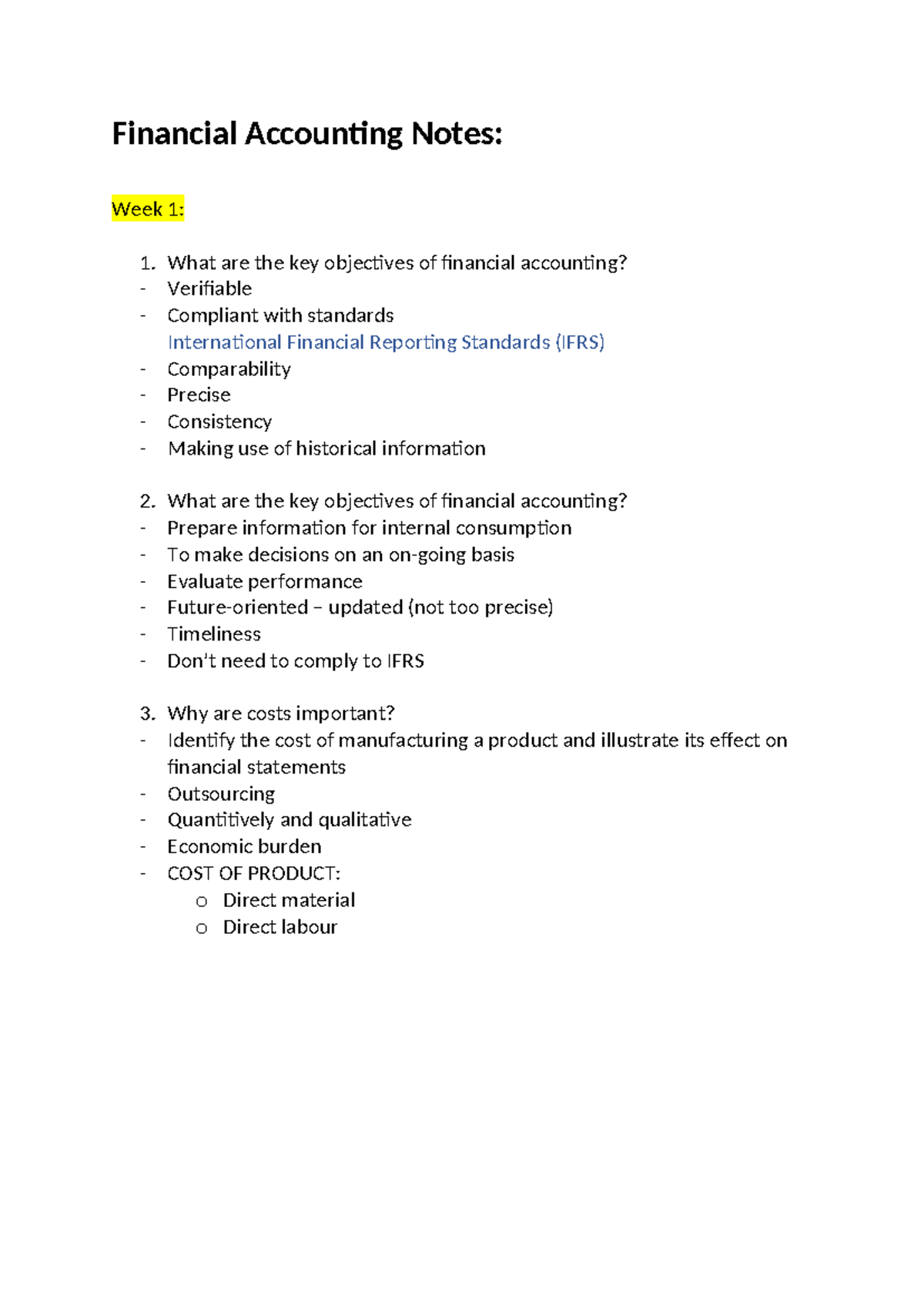 Financial Accounting Notes - Financial Accounting Notes: Week 1: 1 ...