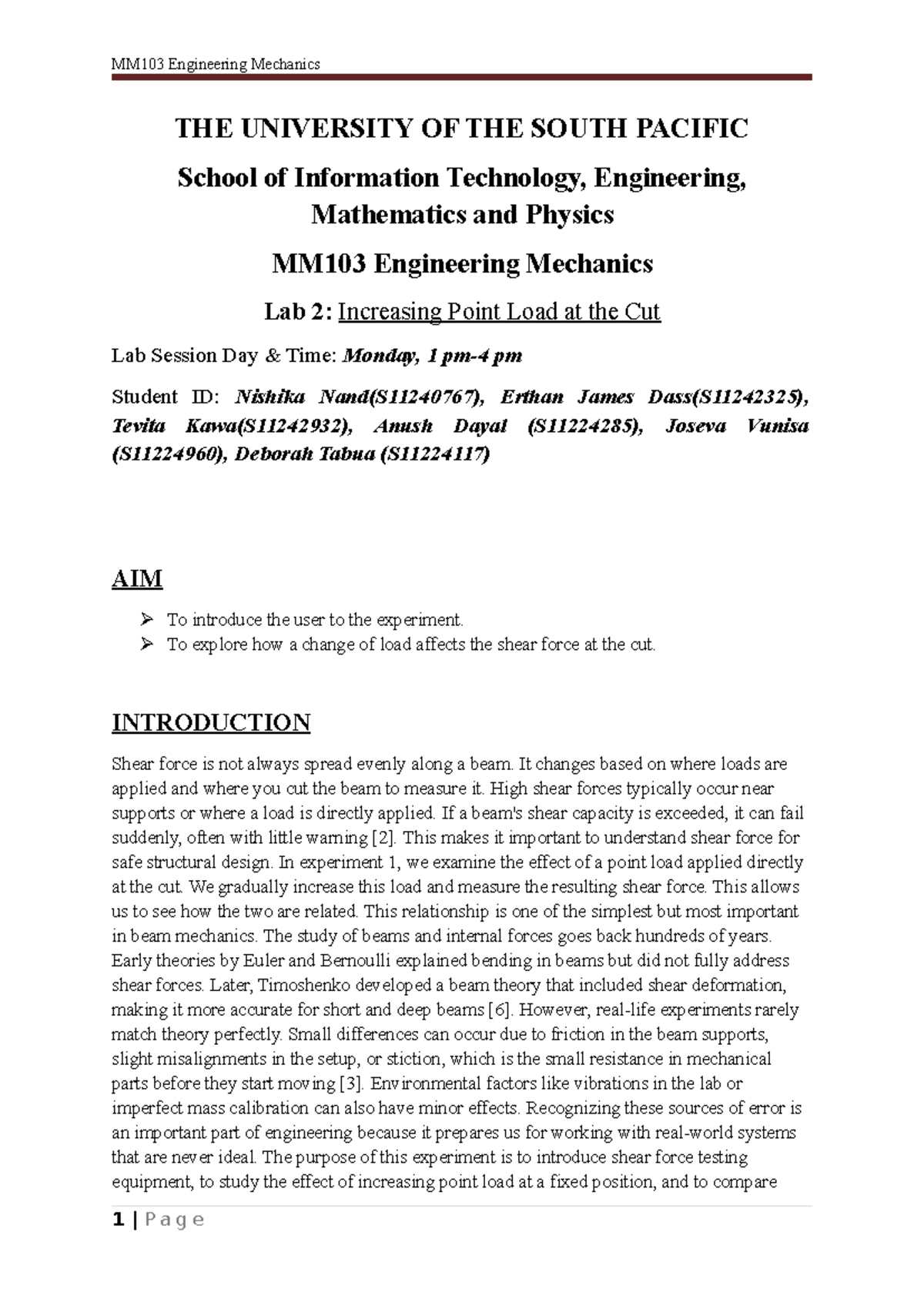 MM103 Engineering Mechanics Lab 2: Shear Force & Point Load Analysis ...