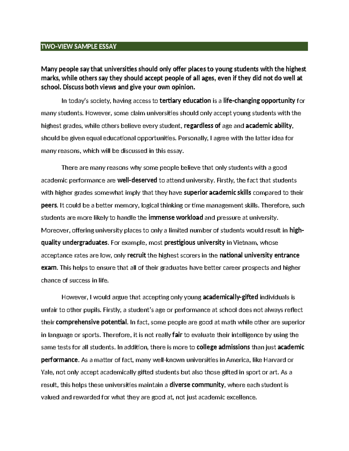 Writing TASK 2 - TWO-VIEW Opinion Essay Notes - Studocu
