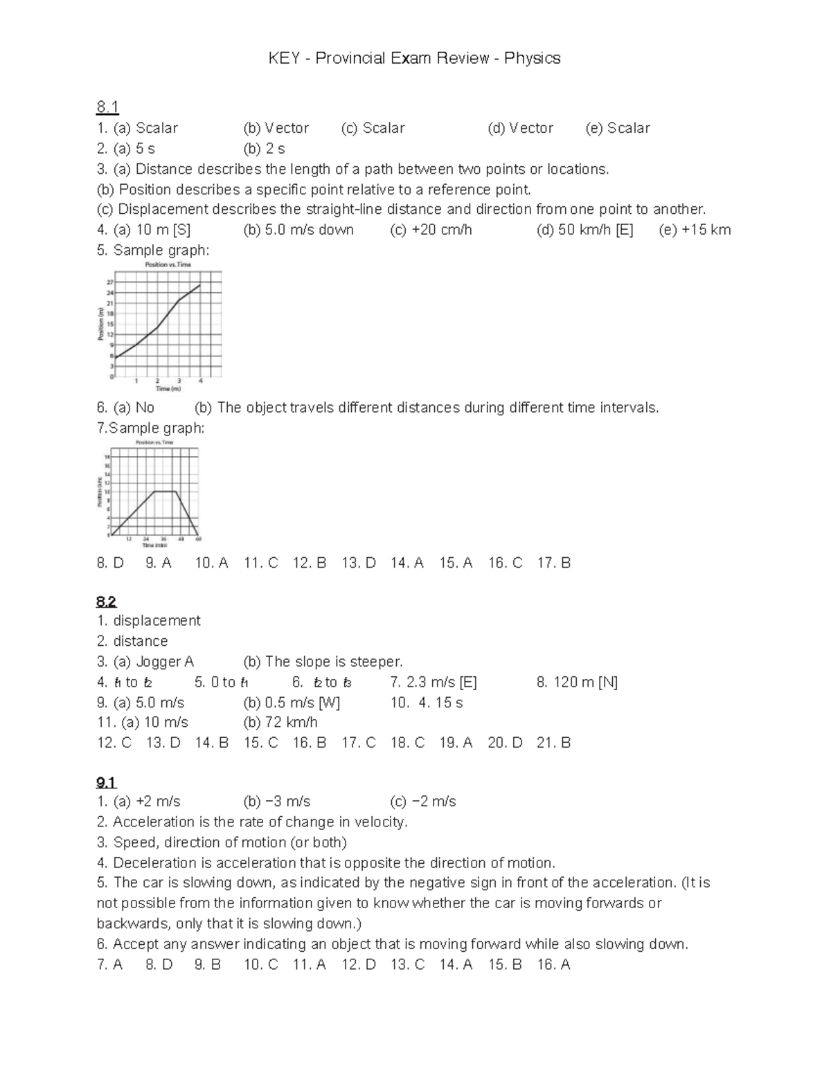 KEY Physics 8.1 Provincial Exam Review: Motion Concepts & Answers - Studocu