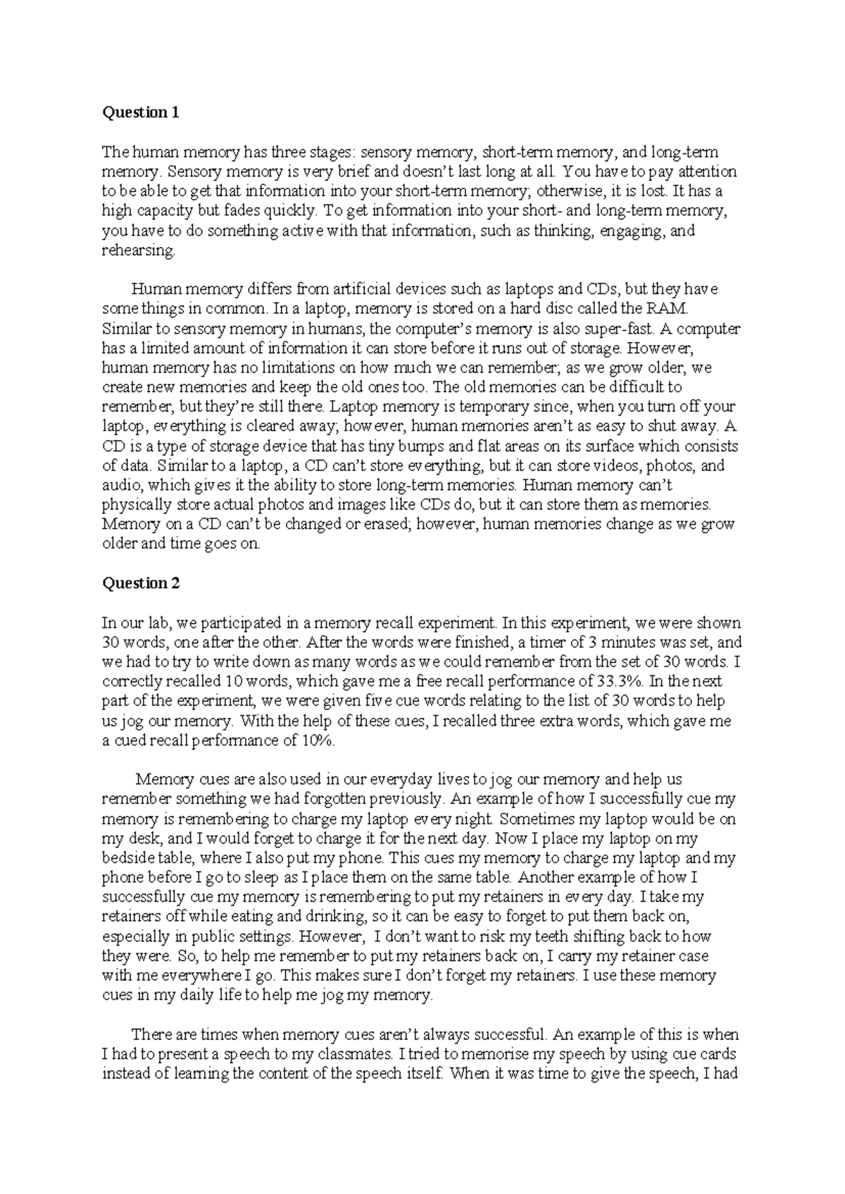 Psychology 101 - Essay Notes on Human Memory and Recall - Studocu