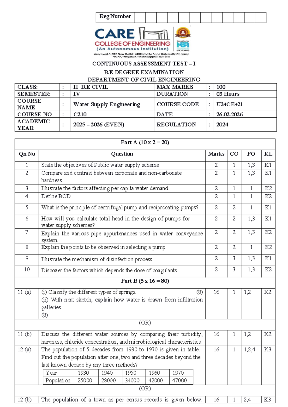 CAT 1 - WSE (U24CE421) Set 3 - Water Supply Engineering Exam - Studocu