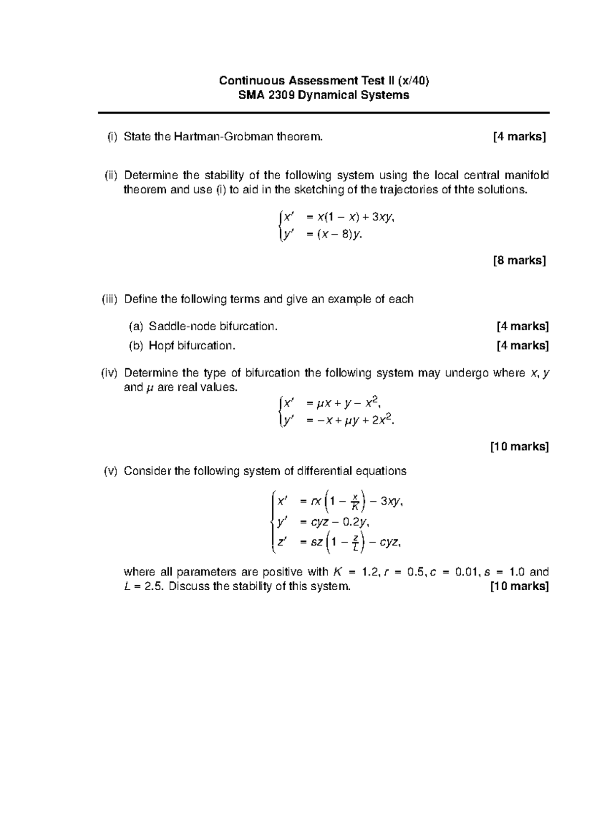SMA 2309 Dynamical Systems Continuous Assessment Test II - Studocu