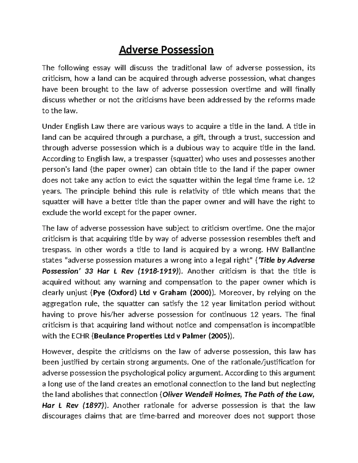 Adverse Possession: Legal Principles and Landmark Cases Essay - Studocu