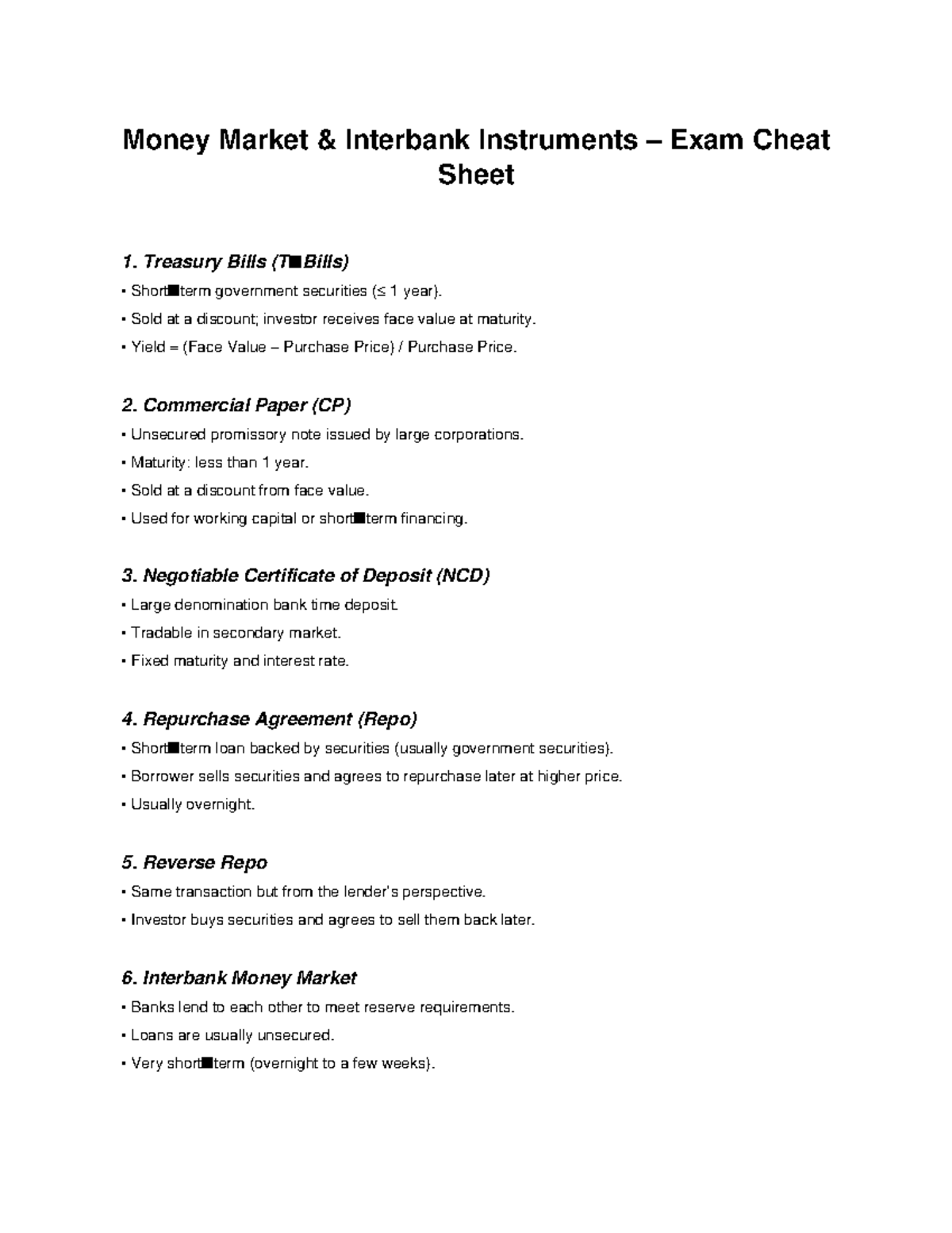 Money Market Instruments Exam Cheat Sheet - Summary Notes - Studocu